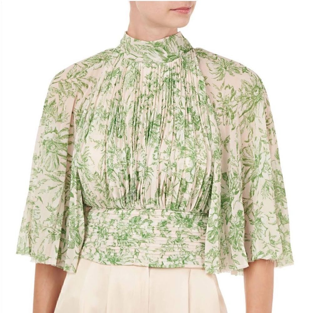 NWT Amur Bibi Pleated Leaf Print Plisse Blouse in Ecru/Green Large